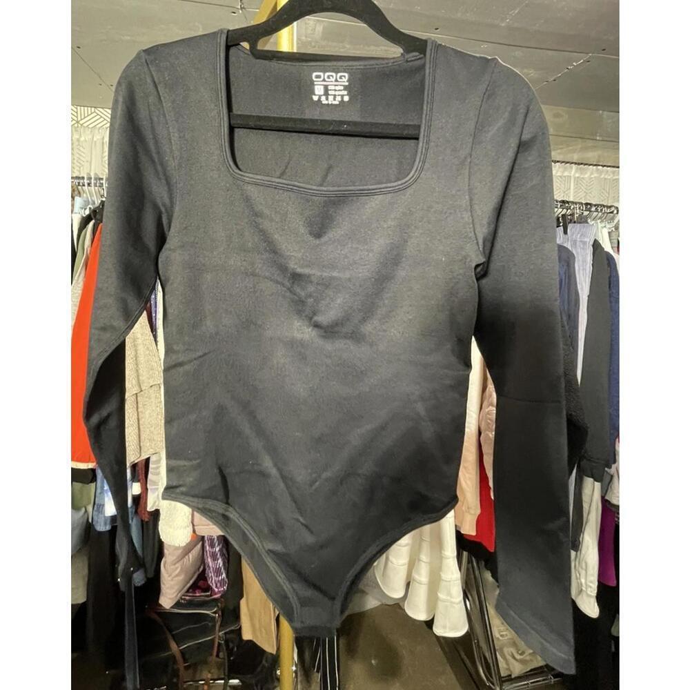 OQQ Women’s Bodysuits Sexy Ribbed Black 1/4 Zip Front Long Sleeve Size Medium M